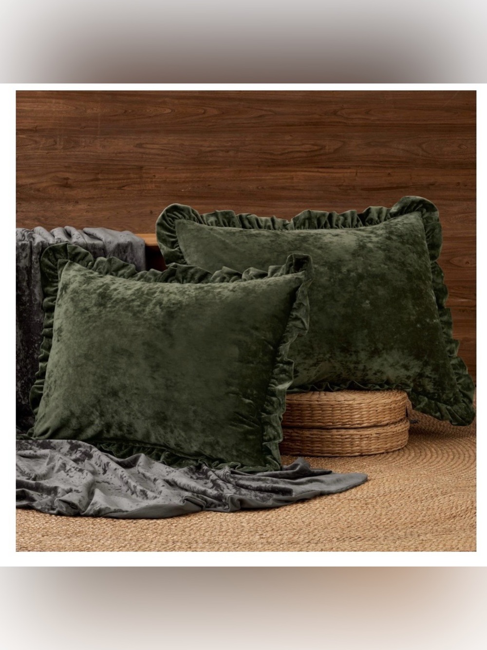 VELVET Ruffle Pillow Shams King Size 20x36” SMOKEY OLIVE